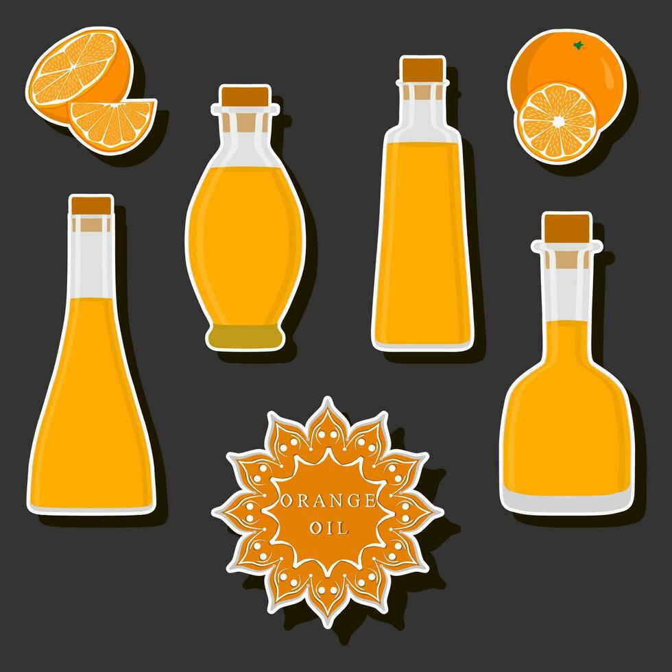 Illustration on theme big set different types liquid oil, bottle various size vector