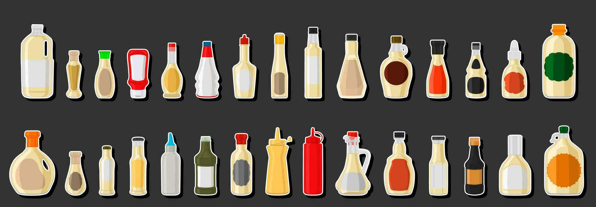 Ilustración sobre el tema kit grande botellas de vidrio variadas llenas de salsa líquida tártara vector