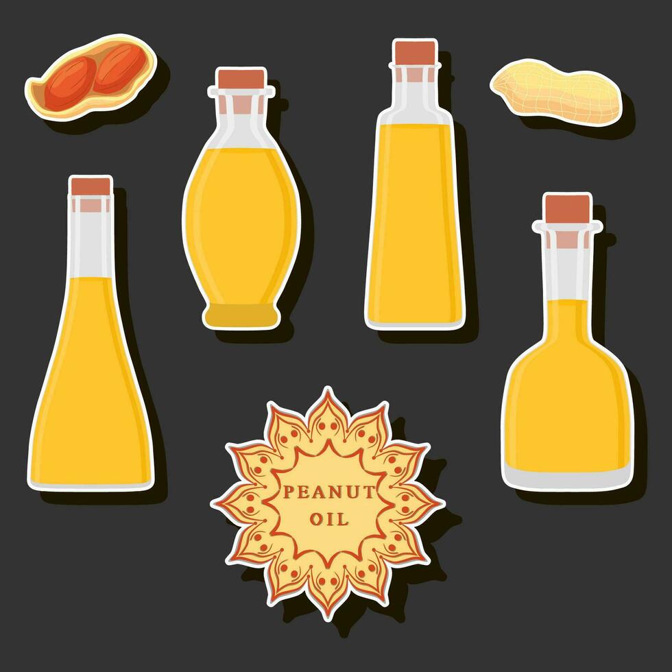 Illustration on theme big set different types liquid oil, bottle various size vector