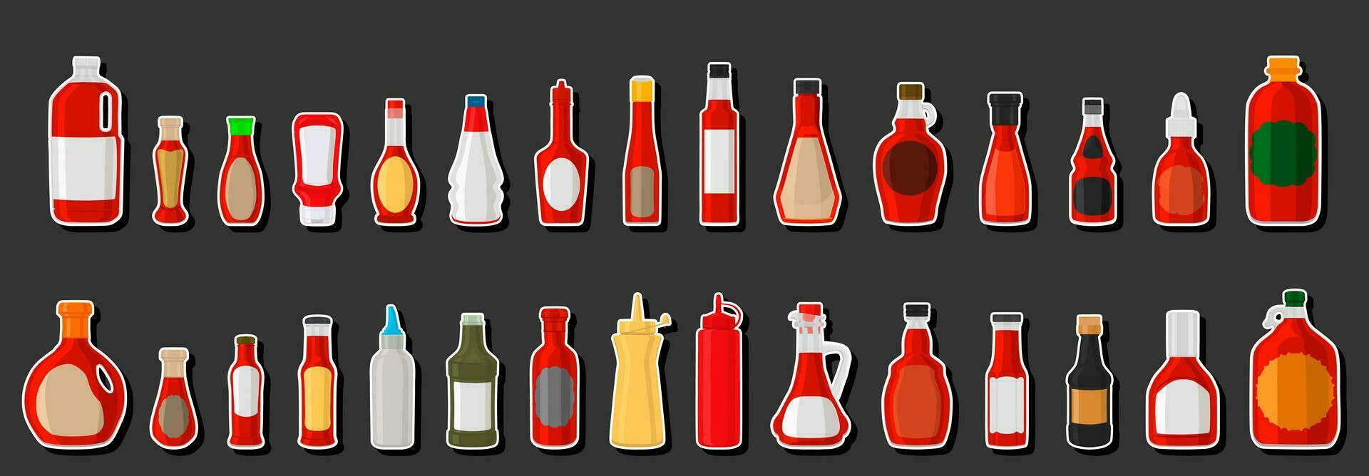 Ilustración sobre el tema kit grande botellas de vidrio variadas llenas de salsa líquida chile vector