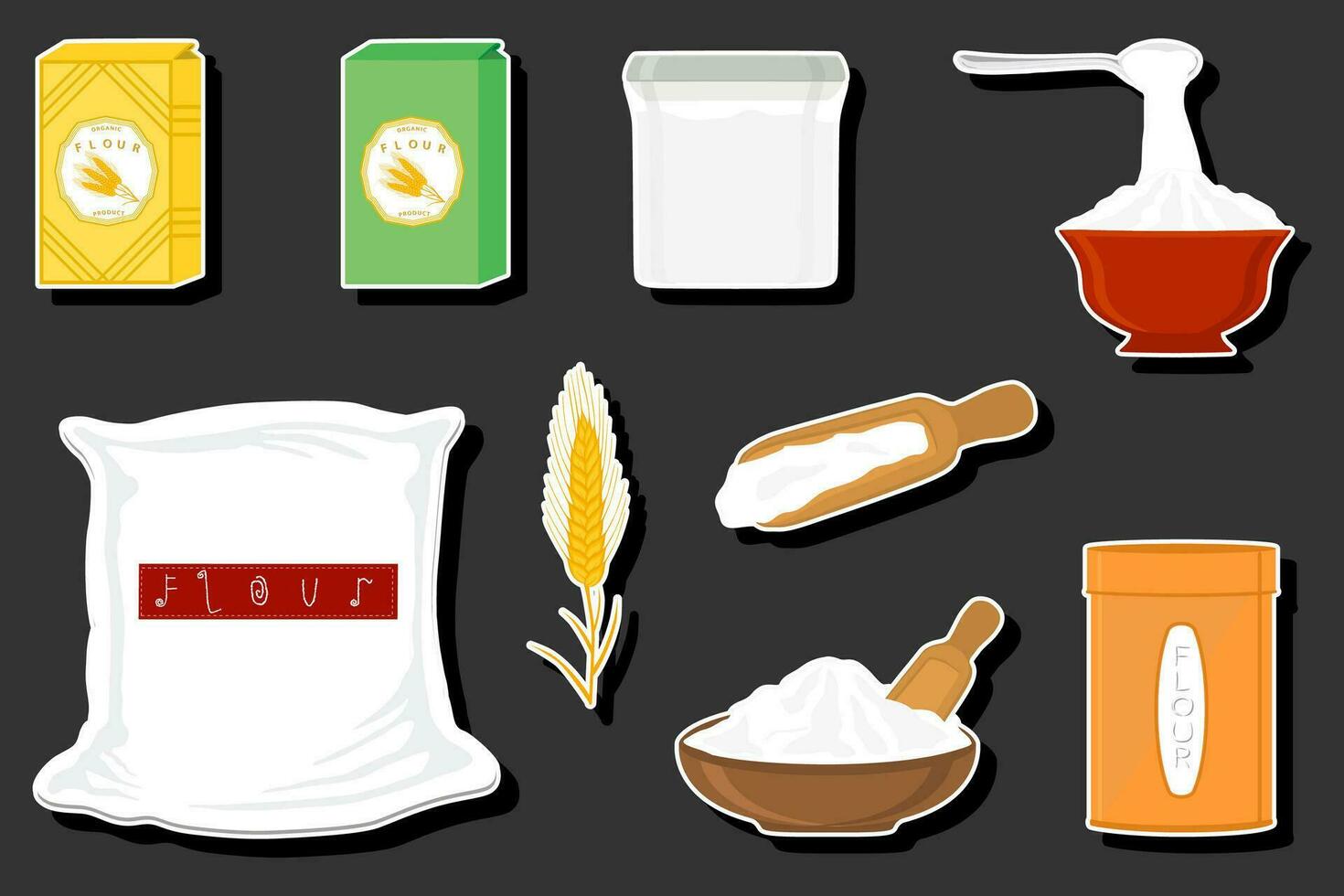 Illustration on theme big set different types dishware filled wheat flour vector