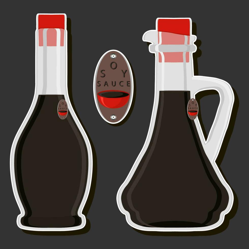 Ilustración sobre tema kit grande botellas de vidrio variadas llenas de salsa de soja líquida vector