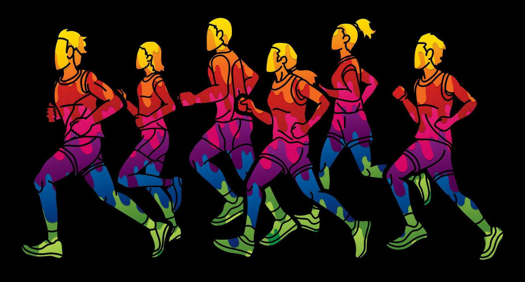 grupo de personas comienzo corriendo corredor acción hombres y mujer trotar juntos dibujos animados deporte gráfico vector