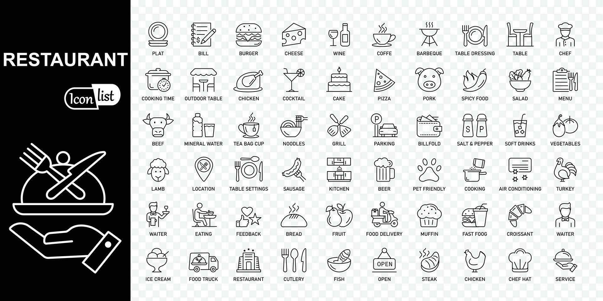 Restaurant editable stroke icons collection. Thin line icons set. Simple vector illustration.