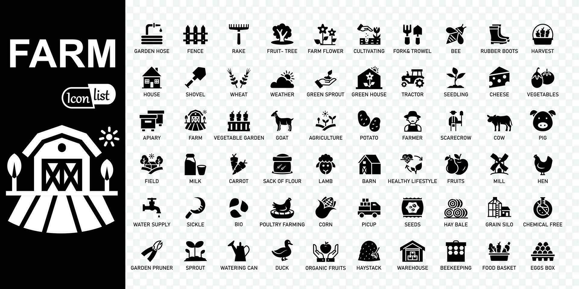 Farm, Farming, Agriculture - editable  icons collection. Contains such Icons as Greenhouse, Haystack, Harvest and more. Simple vector illustration.
