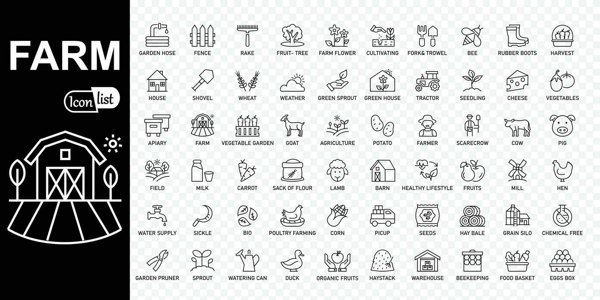 Farm, Farming, Agriculture - editable stroke icons collection. Thin line icons set.. Contains such Icons as Greenhouse, Haystack, Harvest and more. Simple vector illustration.