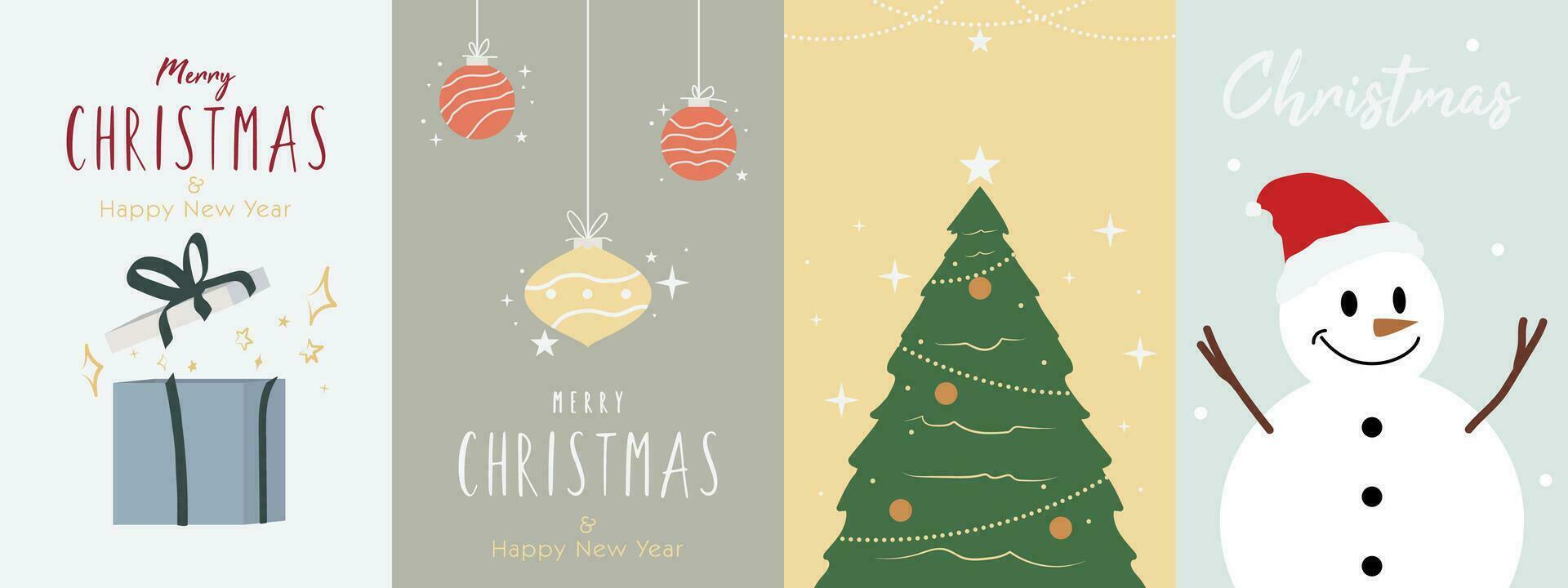 Merry Christmas vertical cards design. Set Winter and New Year Holidays art templates. Christmas tree, balls, snowman and gift. for banner, poster, social media, promotion vector