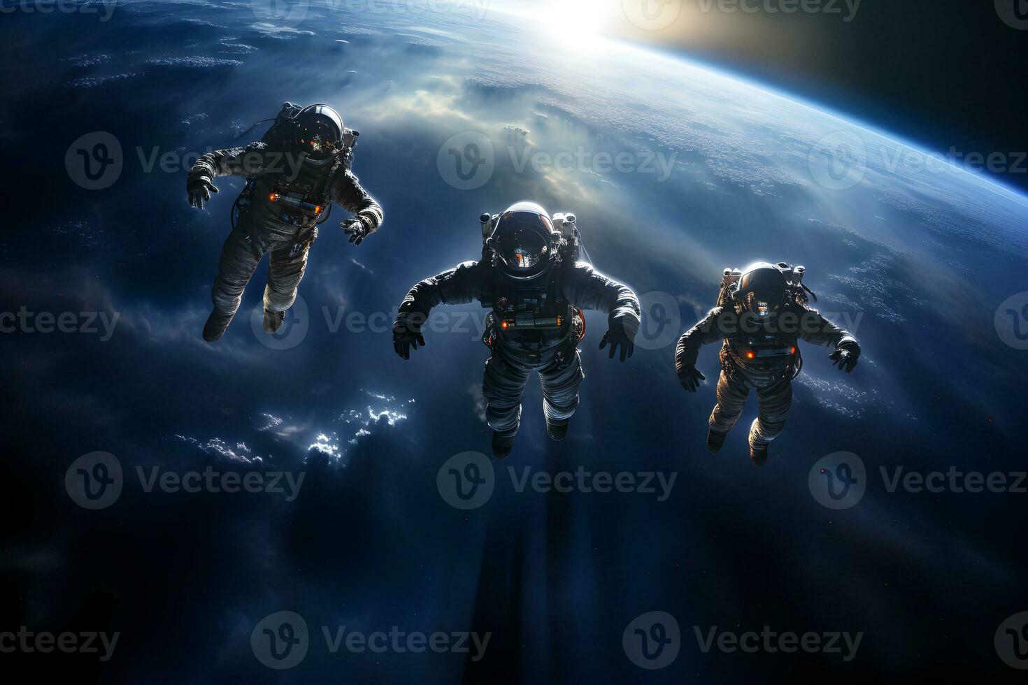 AI generated Three spacemen or astronauts floating on background of the earth photo
