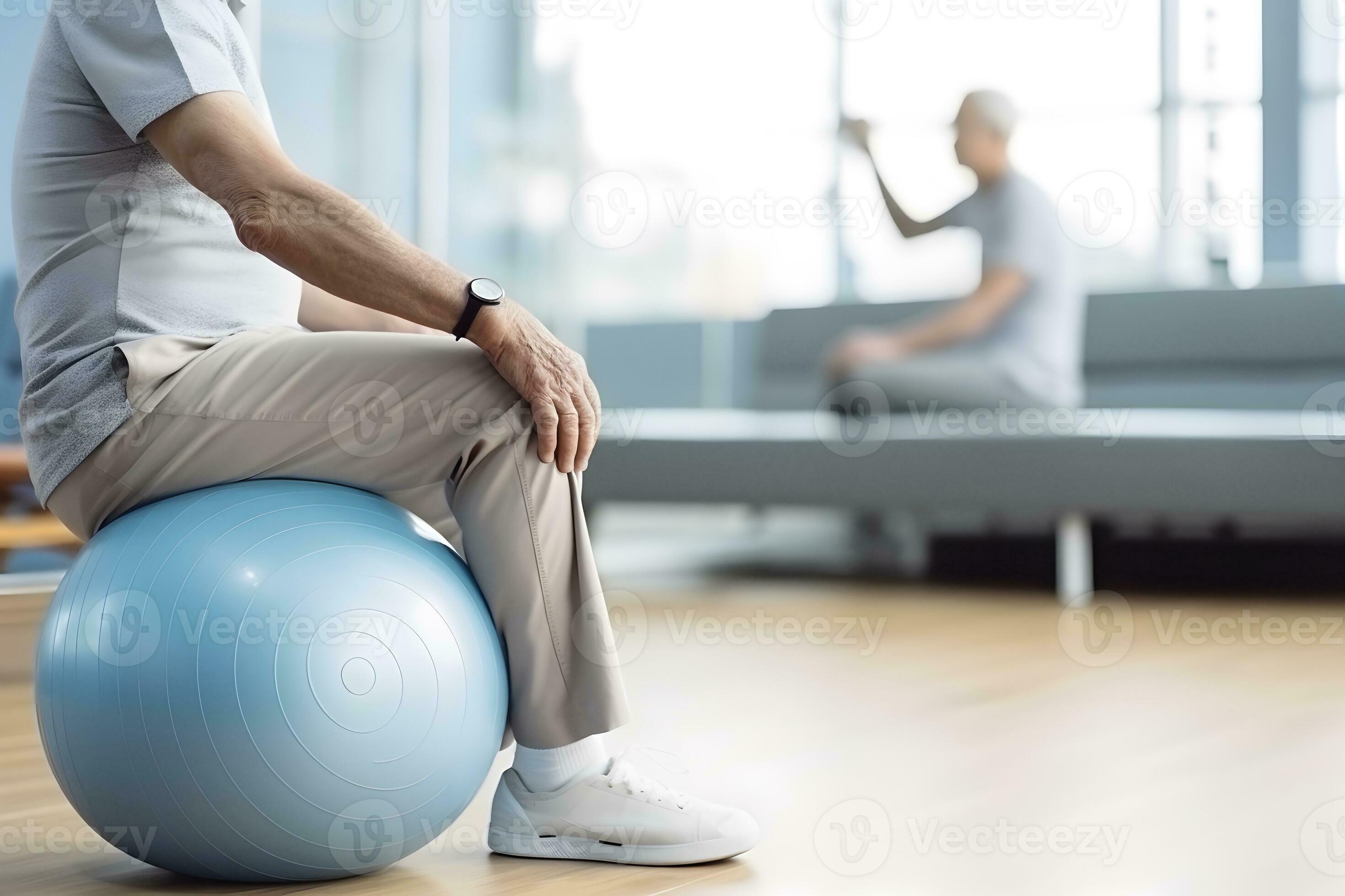 AI generated Caucasian senior doing exercise with a swiss ball at a gym