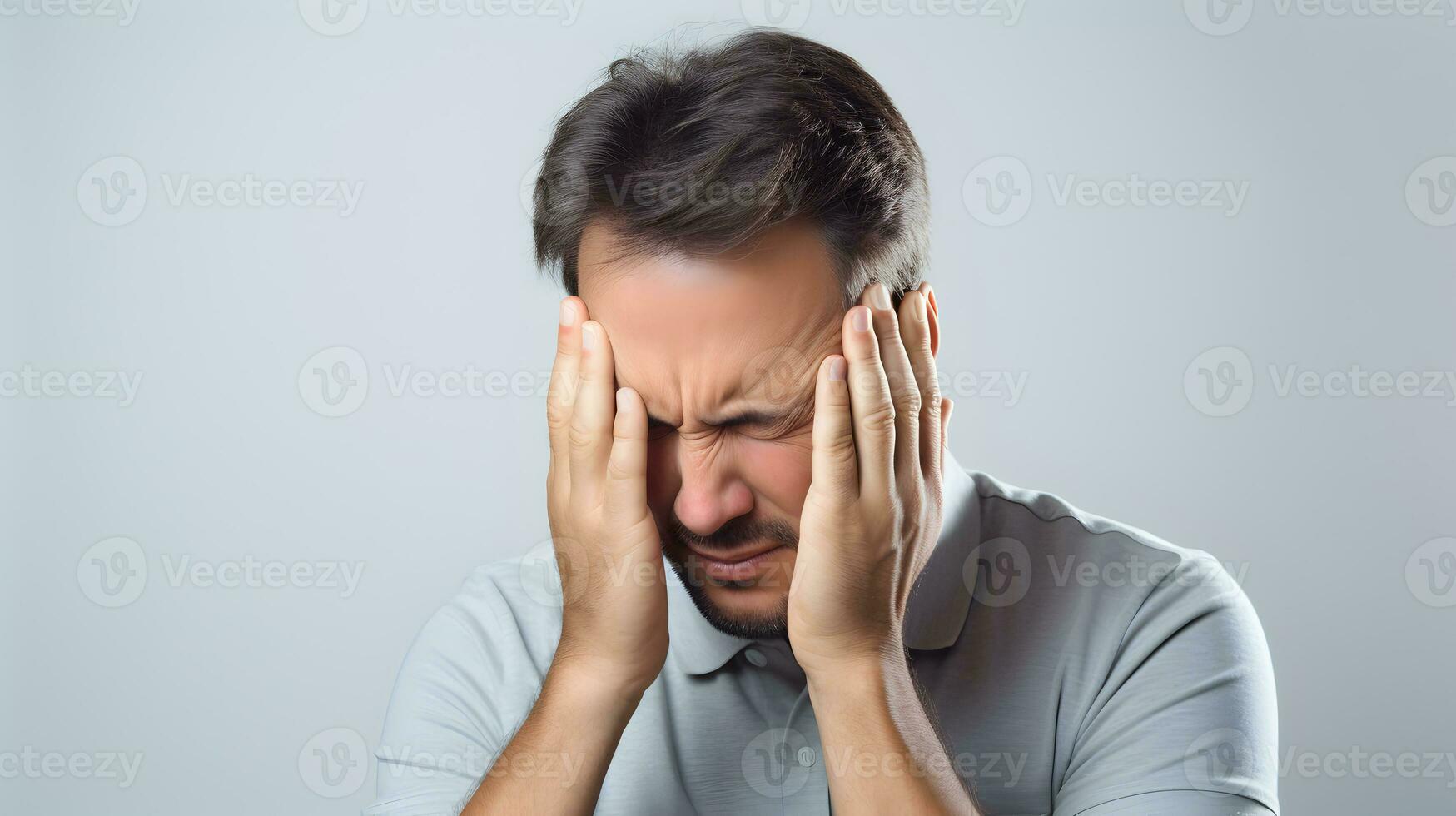 AI generated Handsome caucasian man suffering dizziness, vertigo, headache, fainting attack or stress photo