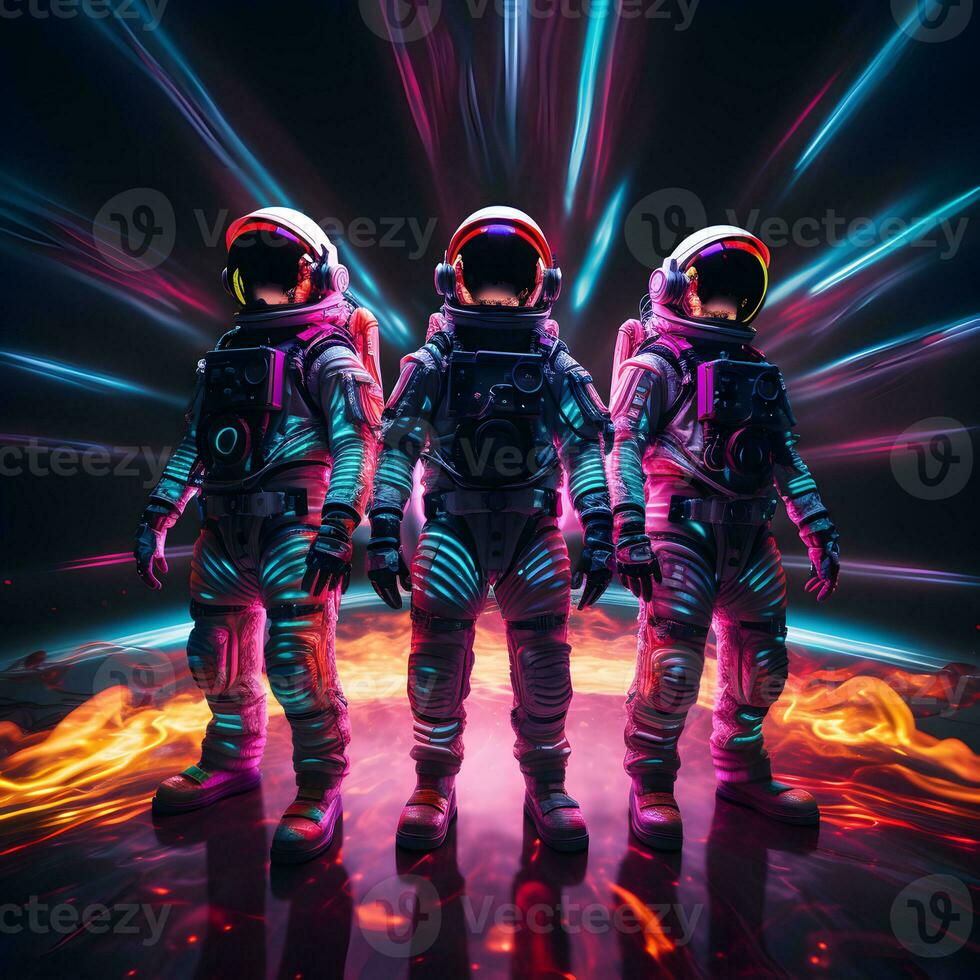 AI generated Futuristic astronauts or spacemen with colorful neon light photo