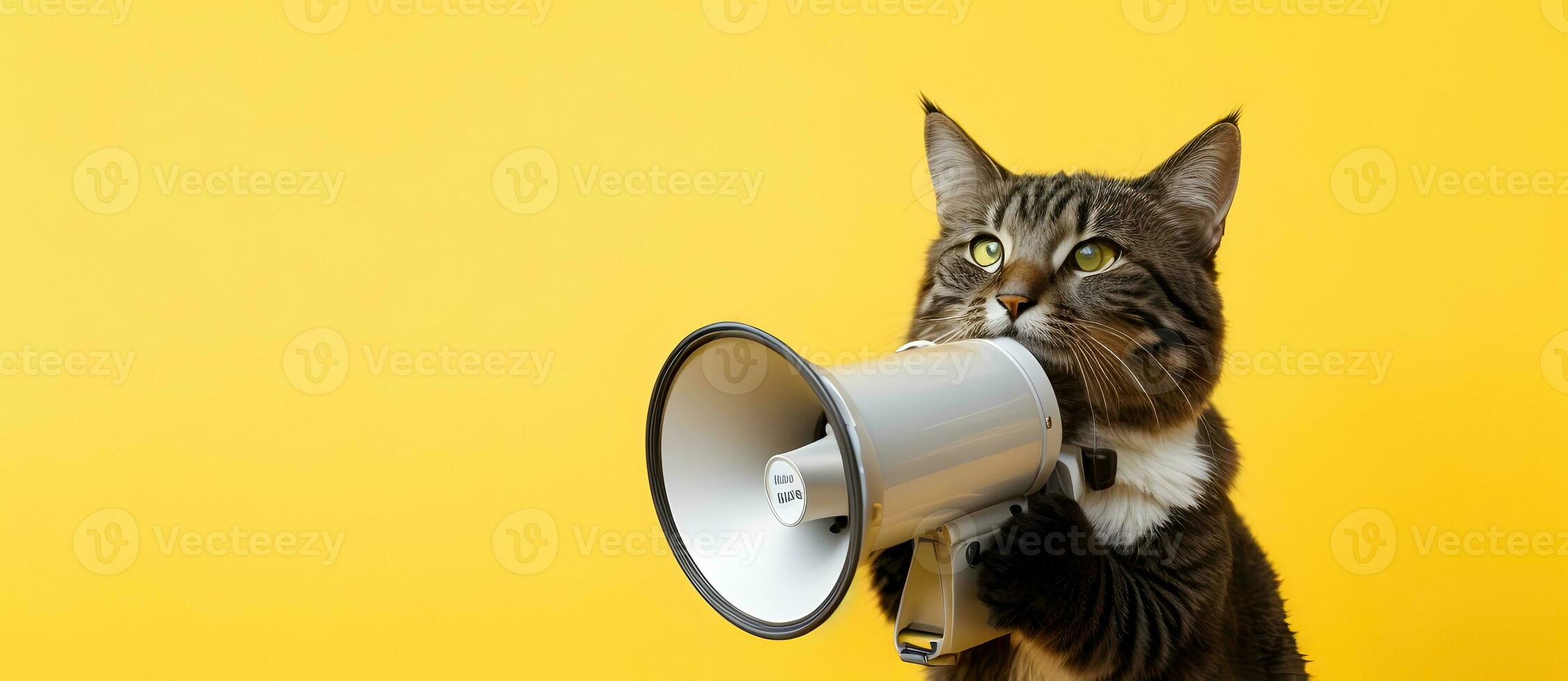 ai generado gato anunciando utilizando megáfono. notificando, advertencia, anuncio. foto