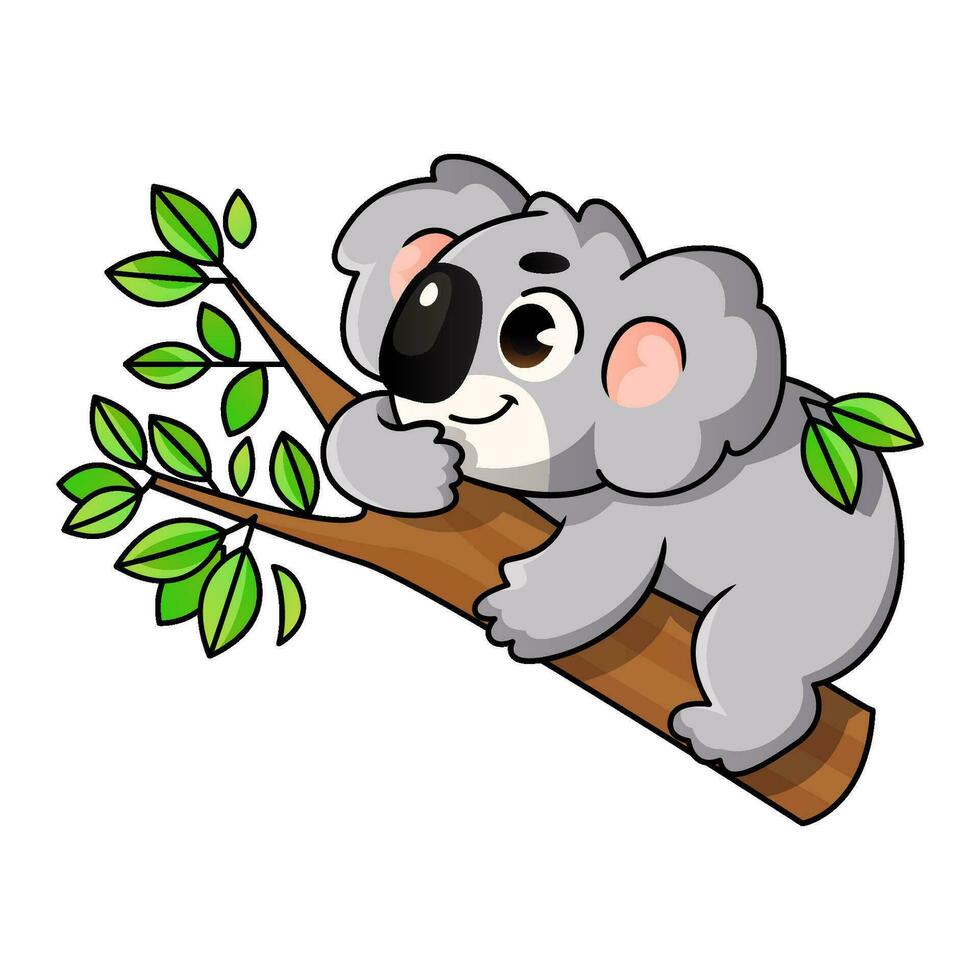 A cute cartoon koala character lying on a branch. vector