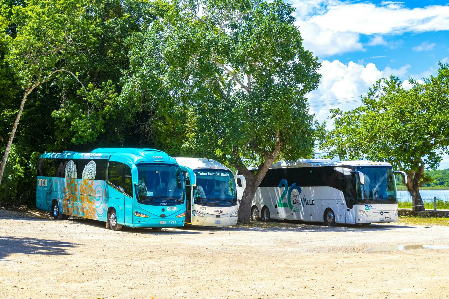 Coba Quintana Roo Mexico 2023 Parking lot parked tourist busses vans cars Coba Ruins Mexico. photo