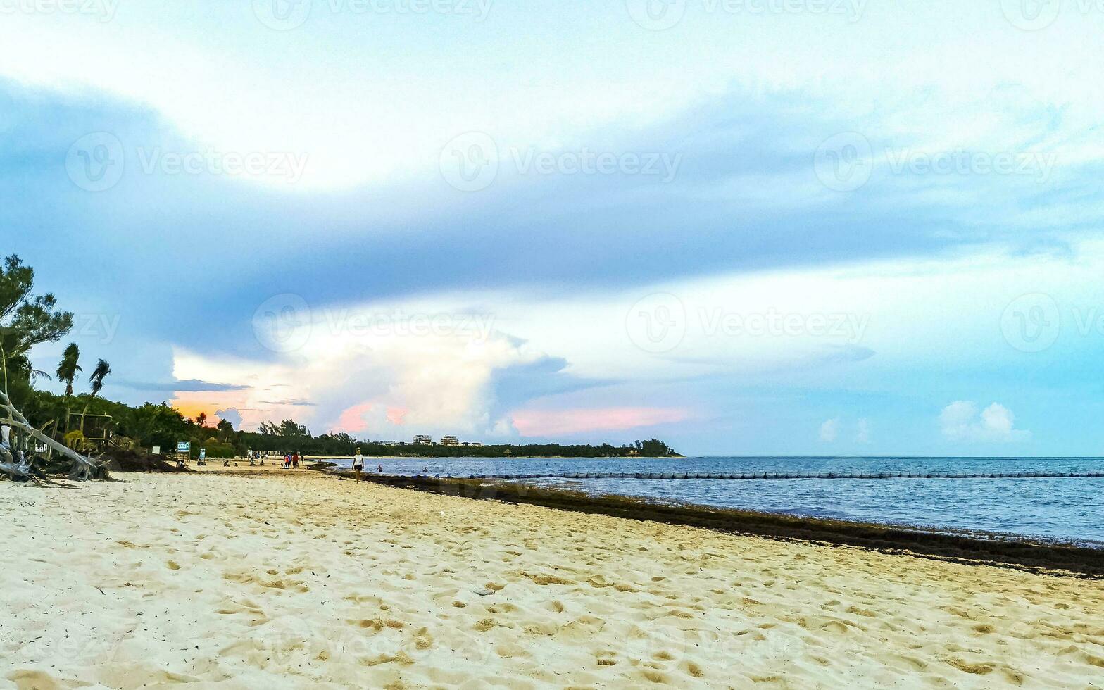 Colorful golden sunset sunrise tropical Caribbean palm trees clouds Mexico. photo