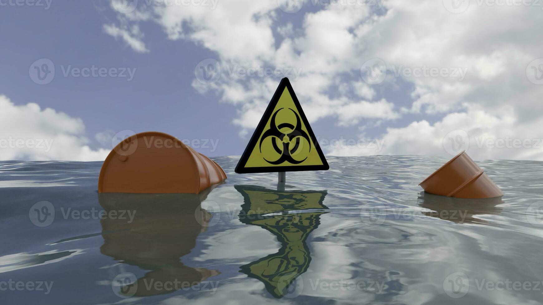 A dangerous place. Design. A blue calm sea with polluting barrels of oil and a danger sign made in computer graphics. photo