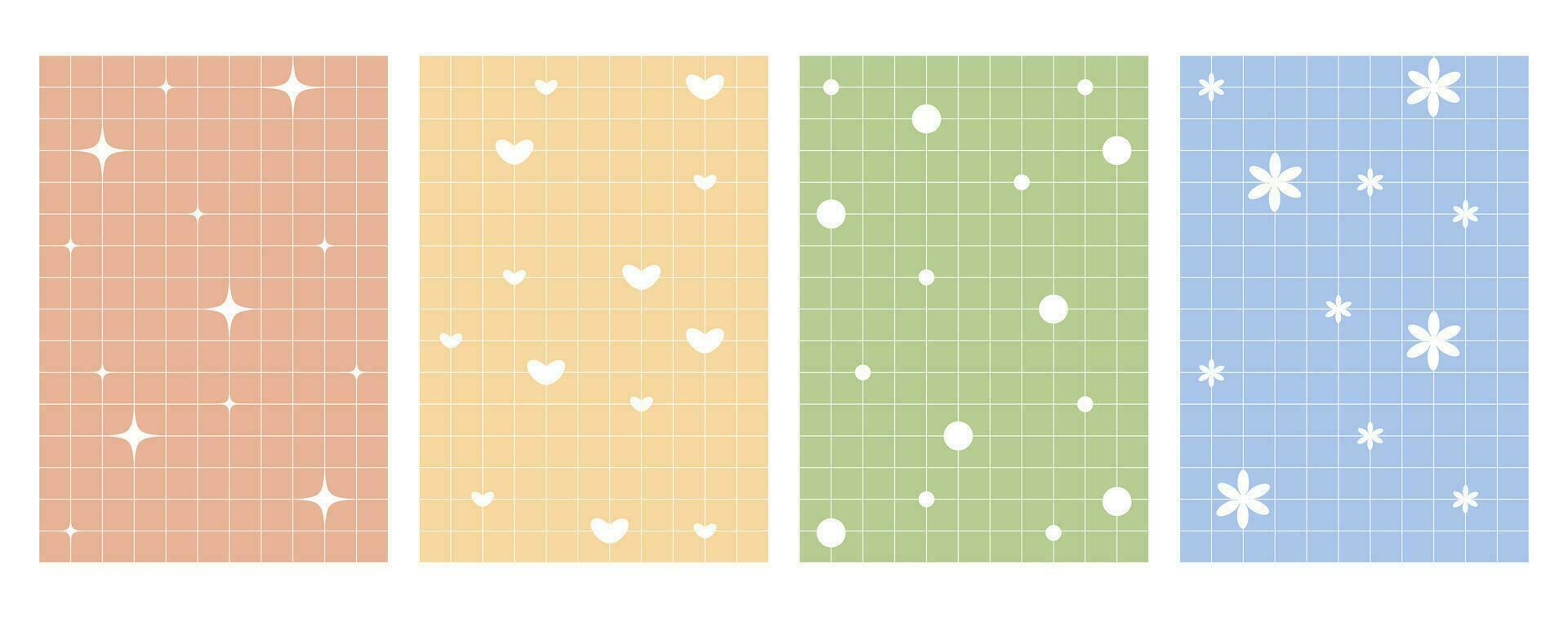 Cute retro backgrounds. Colored background with grid and decorative element heart, dots, flower, spark. Collection of y2k backgrounds vector