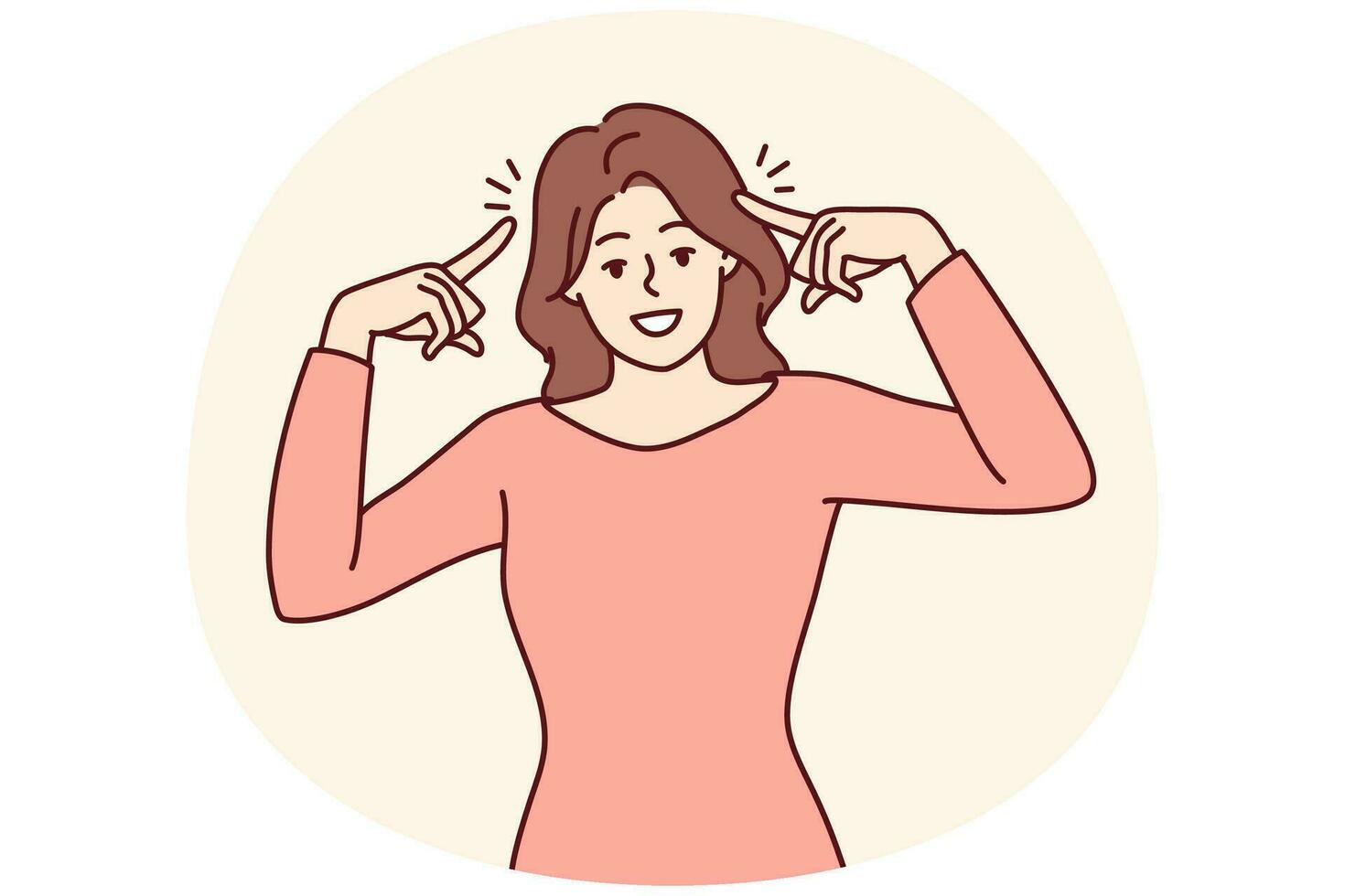 Smiling woman point at herself feeling successful and confident. Happy female show at head with fingers generate ideas. Vector illustration.