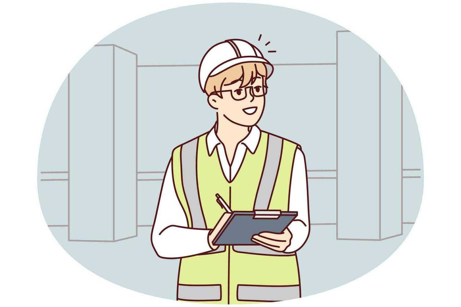 Male engineer in uniform and helmet on construction site. Man professional working at outdoor building workplace. Occupation. Vector illustration.