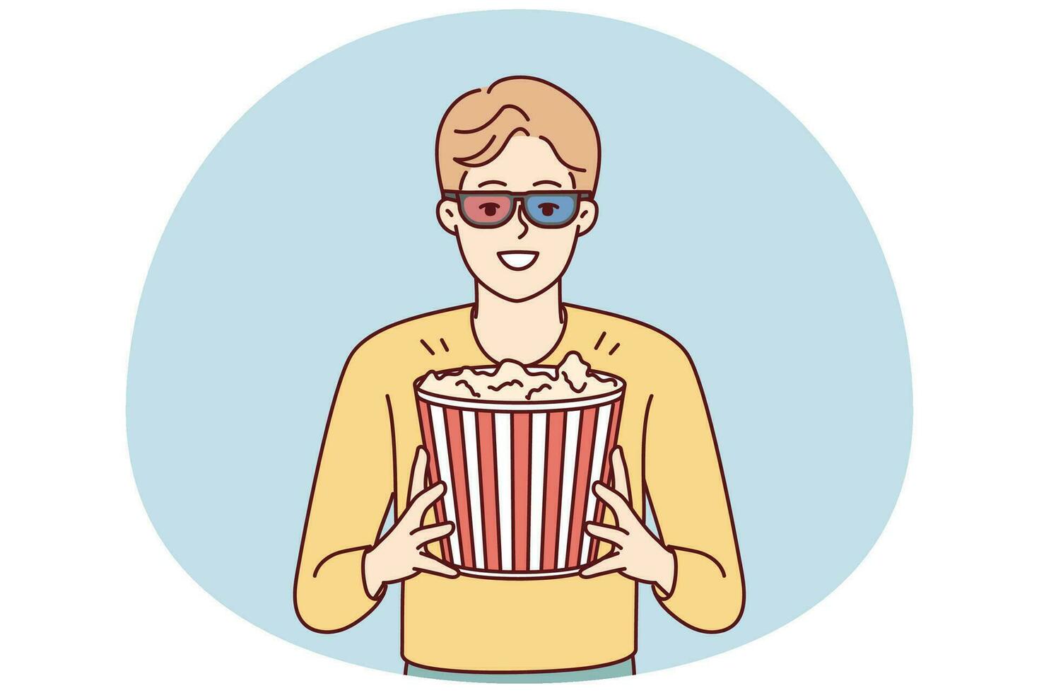 Happy young man in 3D glasses and popcorn in hands enjoy weekend in movie theater. Smiling guy with snack before film in cinema. Vector illustration.