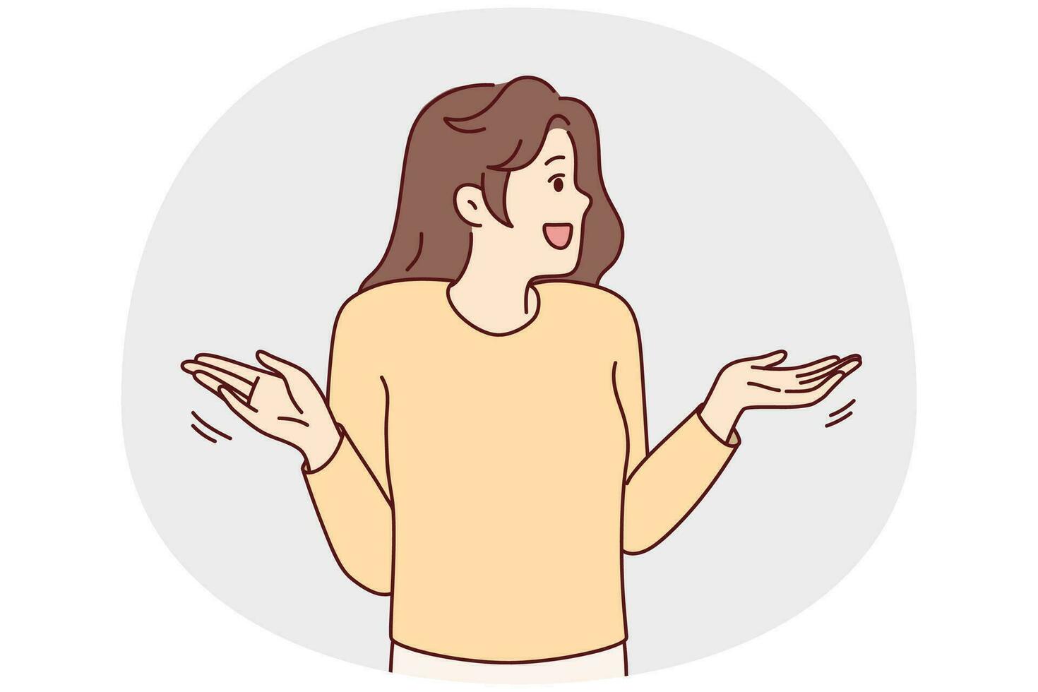 Frustrated young woman make hand gesture wondering about solution of problem. Smiling girl feel confused and embarrassed looking for solving. Vector illustration.