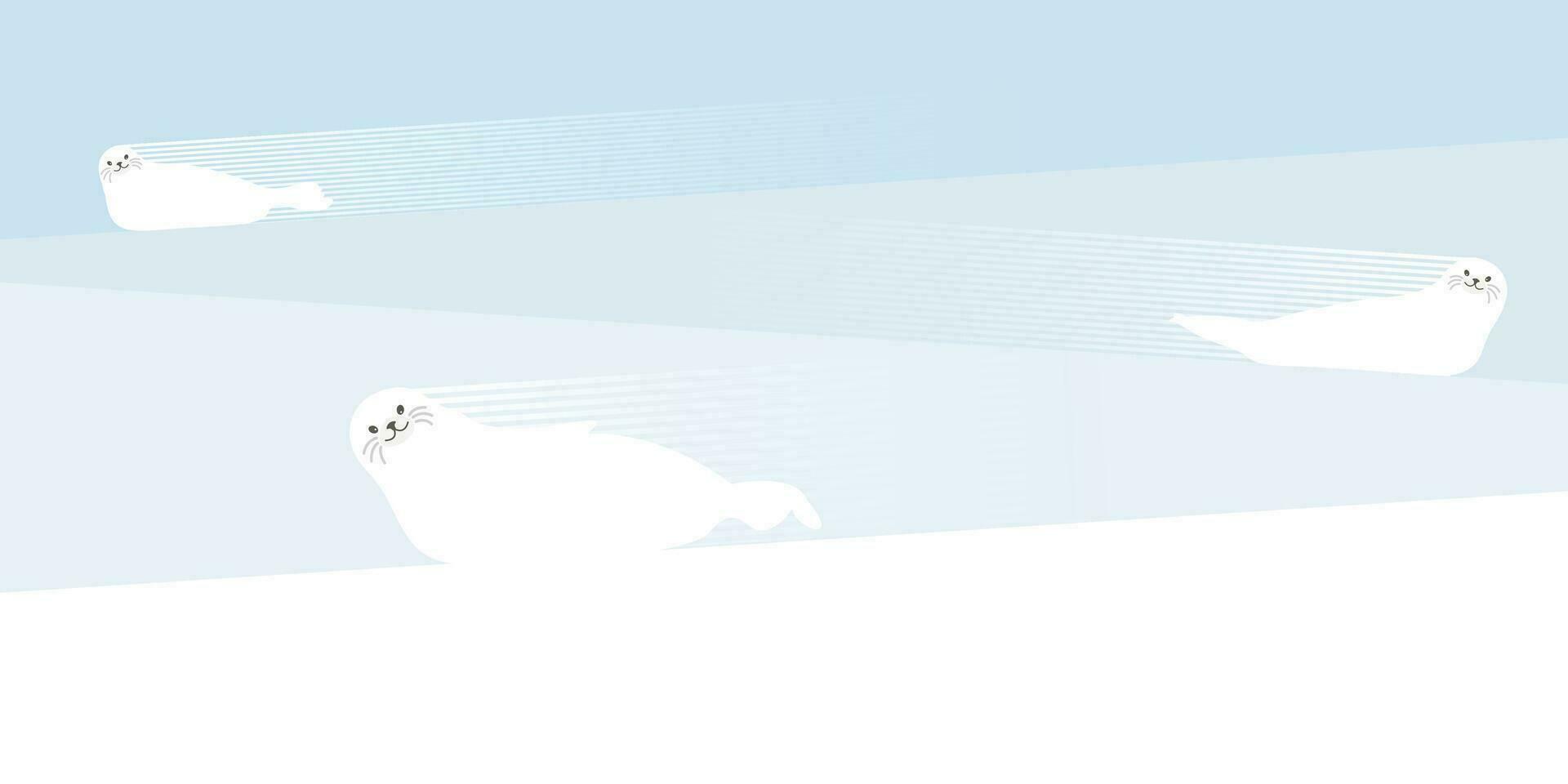 Funny seals sliding on ice vector illustration. Snow landscape concept have blank space.