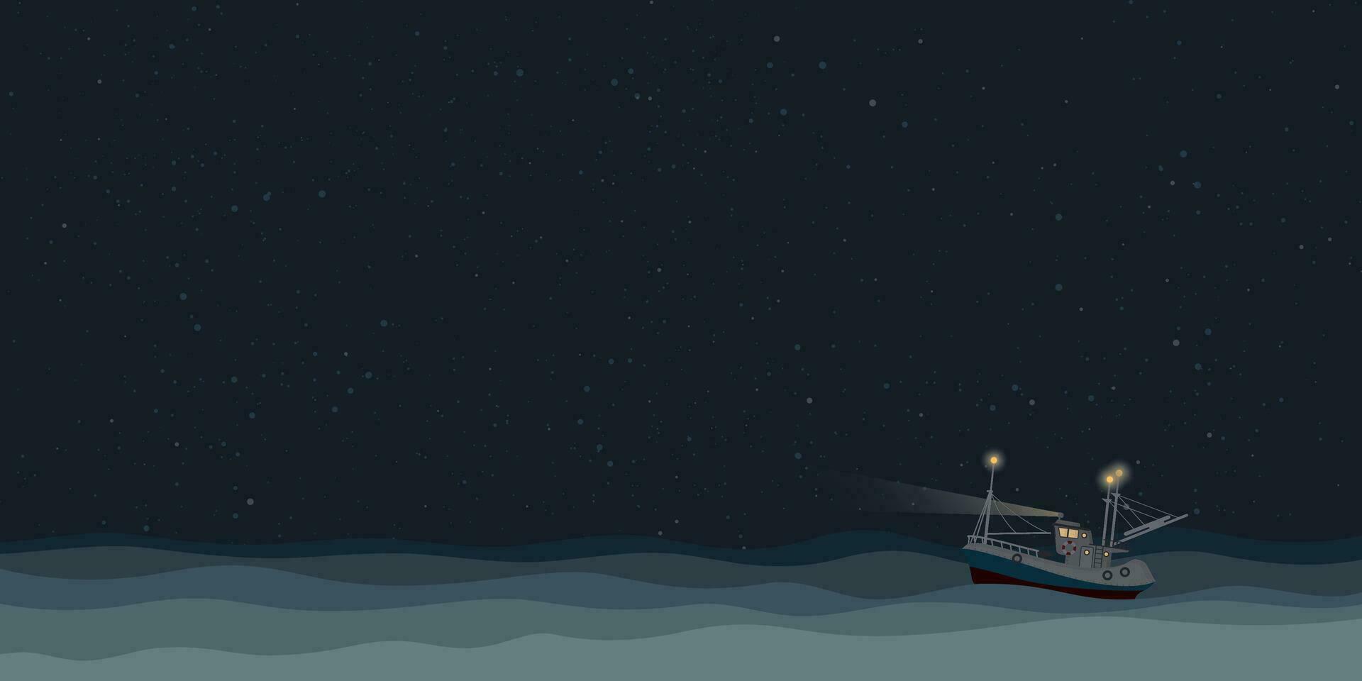Fishing boat on the sea at night vector illustration. Ocean with ship, star and night sky background.