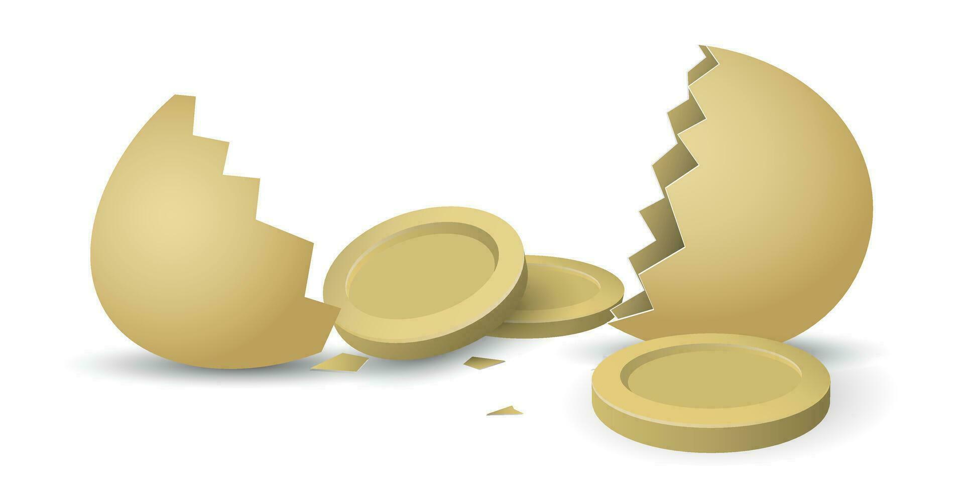 3D golden eggs and half broken egg with golden coins on white background vector illustration. Investment concept template have blank space.