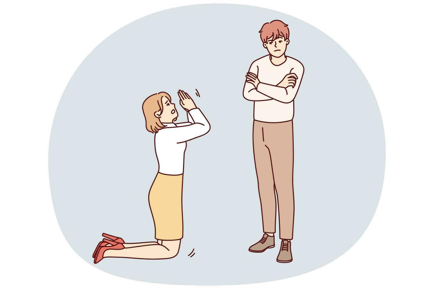 Woman kneel ask forgiveness from man. Female stand on knees beg stubborn offended male to forgive. Relationship problems. Vector illustration.