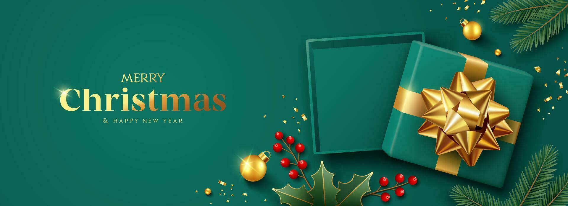 alegre Navidad y contento nuevo año, verde regalo caja oro cinta, rojo baya y pino hoja bandera diseño en verde fondo, eps 10 vector ilustración