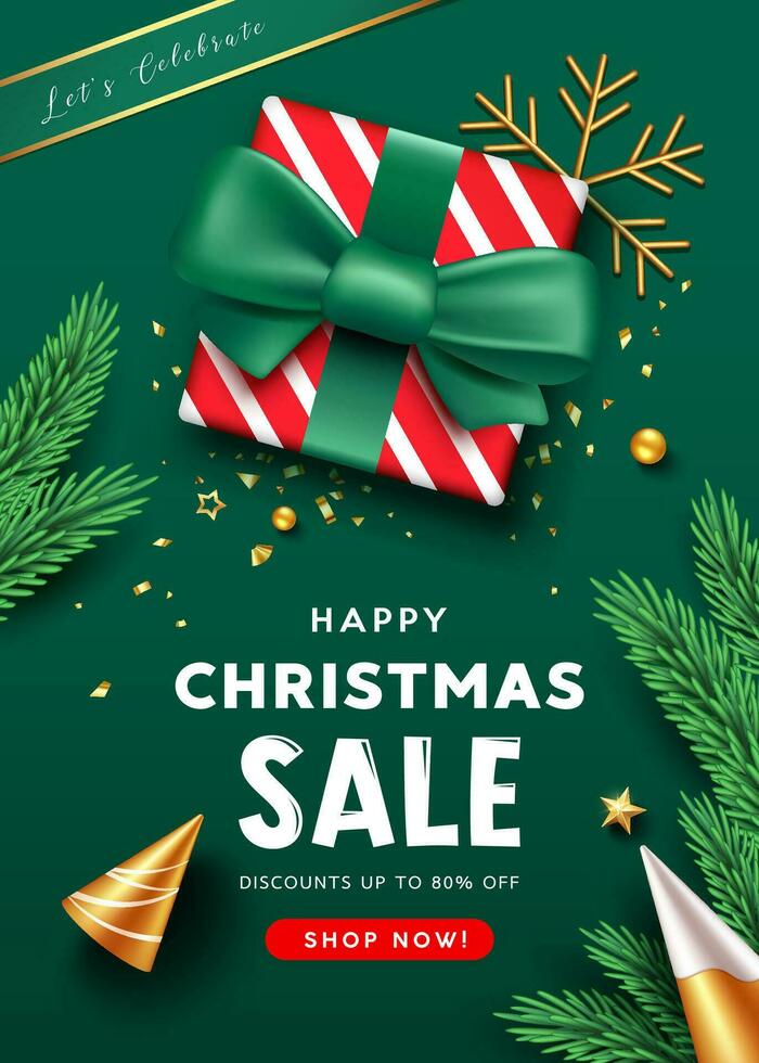 Merry christmas and Happy new year sale, red and white gift box green ribbon, poster flyer design on green background, Eps 10 vector illustration