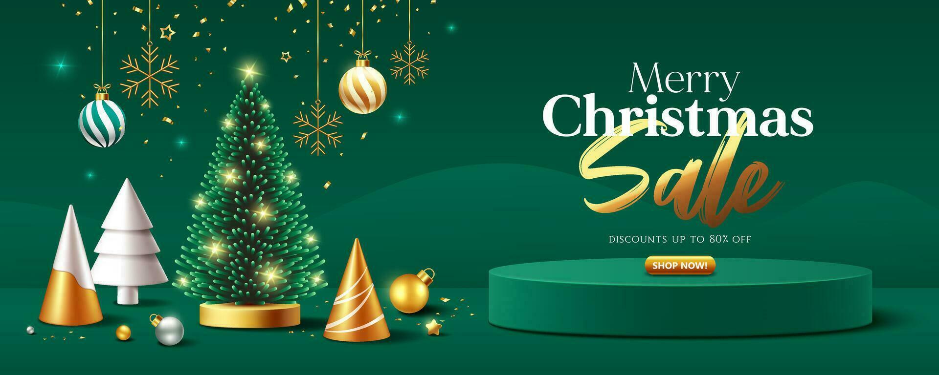 alegre Navidad venta, pino árbol Encendiendo, verde podio monitor adornos pancartas diseño en verde fondo, eps10 vector ilustración