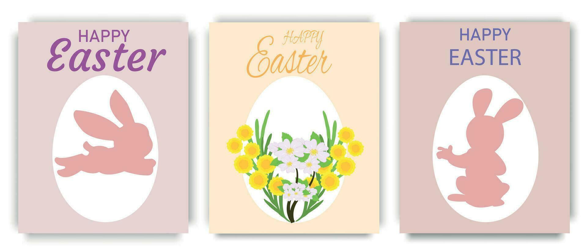 Set of Happy Easter banners, with Easter bunnies and bouquets of flowers on pastel backgrounds. Ideal for poster, cover or postcard. Easter concept. Vector illustration.