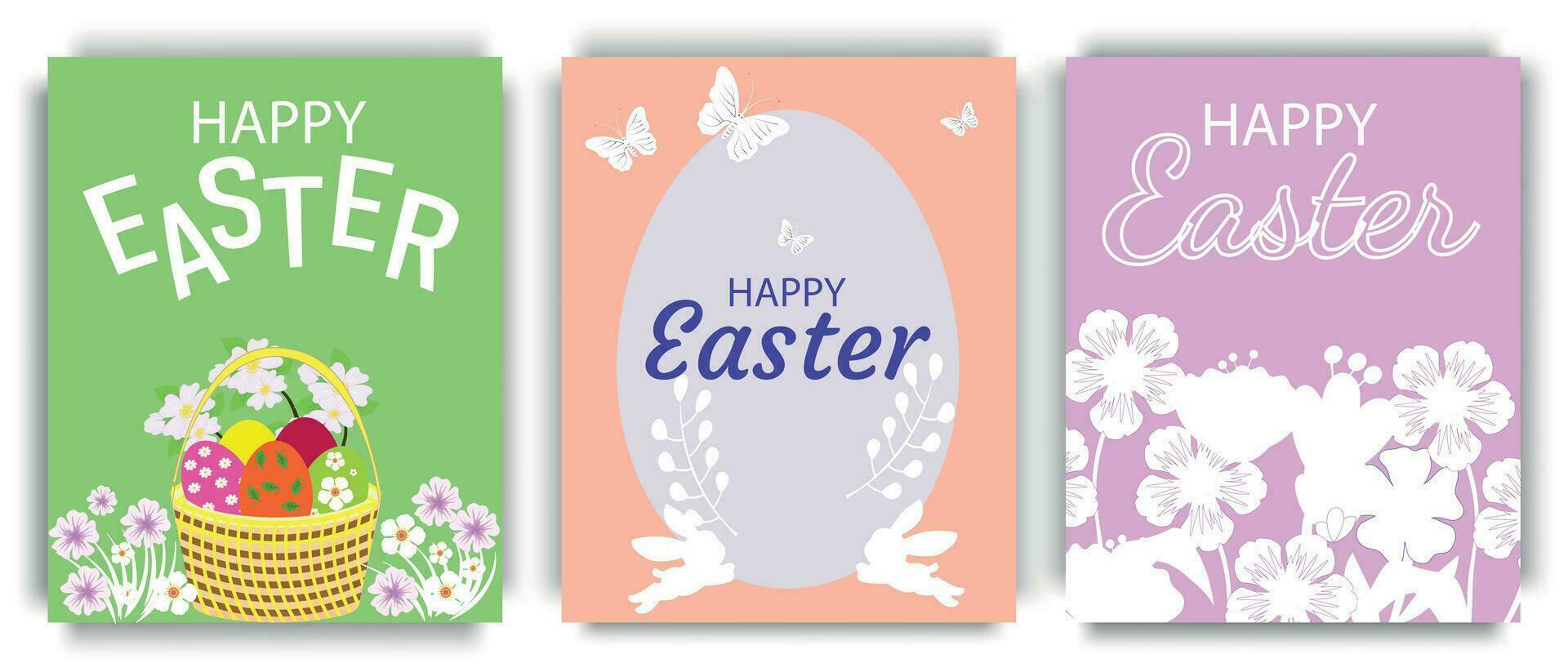 Set of Easter holiday vector posters. Happy Easter greetings with colorful floral pattern, bunny and butterflies. For holiday season cards collection design. Vector illustration.