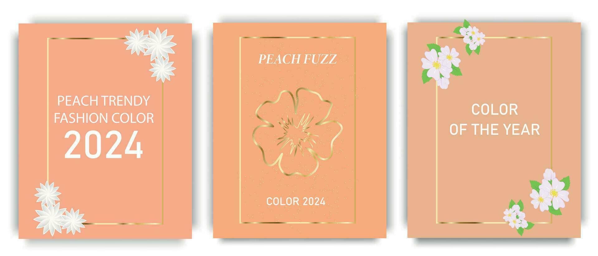 A set of minimal posters in a trendy peach color palette with gold decoration. Fashionable color of 2024.Golden frame with flowers. Peach is a new trend, color of the year. Vector illustration