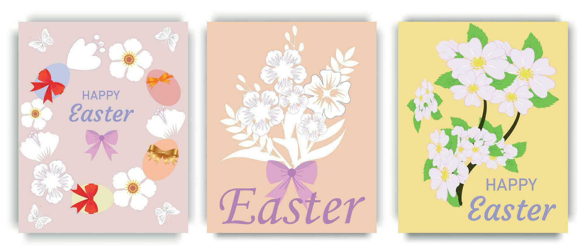 Set of Easter greeting posters. Vector illustration presented in trendy peach colors with bouquets of flowers, bows.