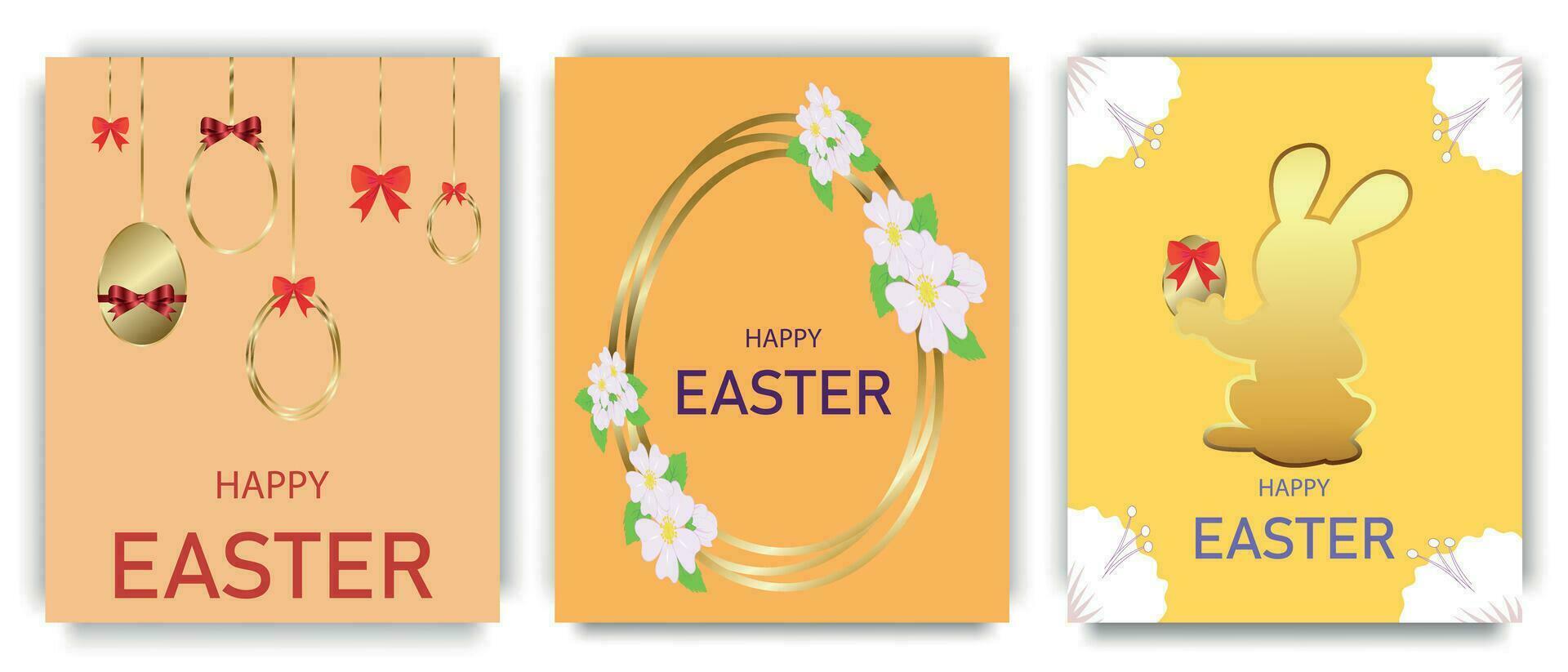 Happy Easter holiday posters with gold decoration, flowers and Easter bunny on a bright background. International spring holiday design for greeting card or party invitation. Vector illustration.