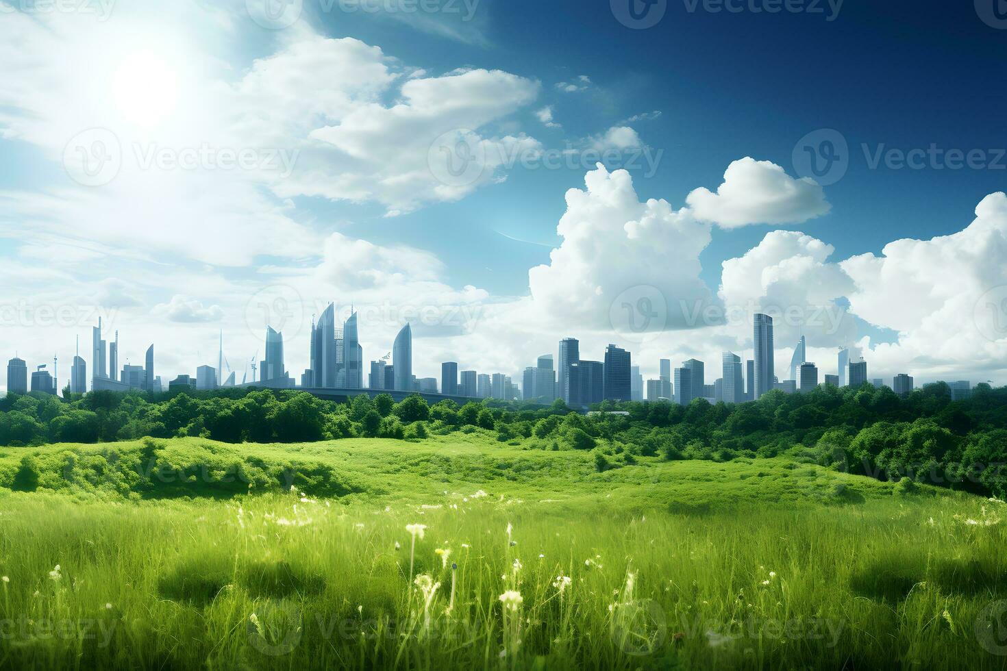 AI generated Green meadow and modern cityscape with blue sky and white clouds photo