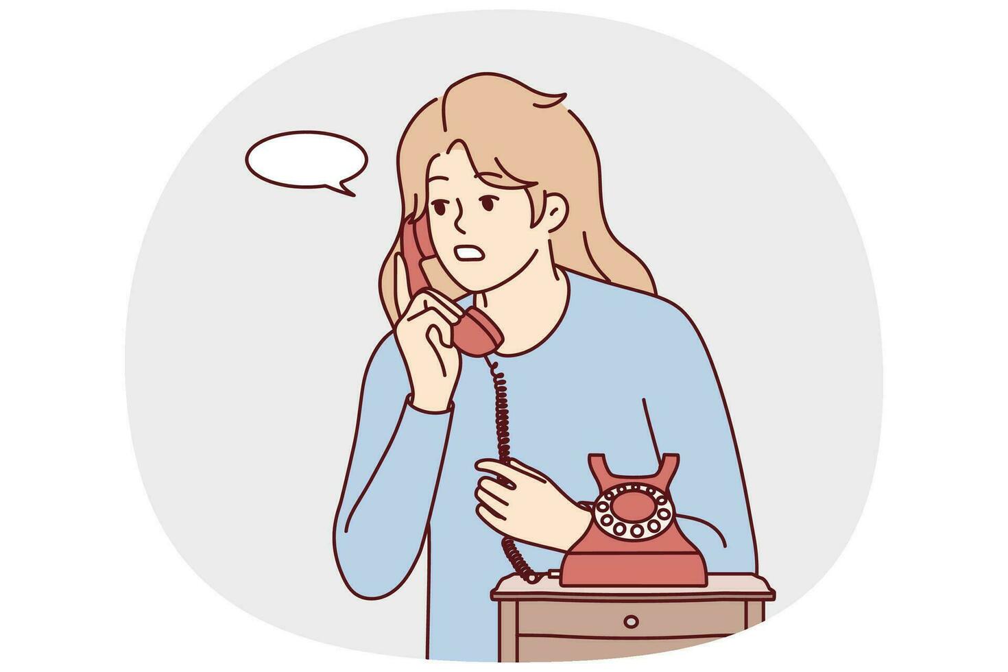 mujer joven habla en el viejo teléfono con cable en casa. las mujeres tienen conversación por teléfono fijo. comunicación y llamada. ilustración vectorial vector