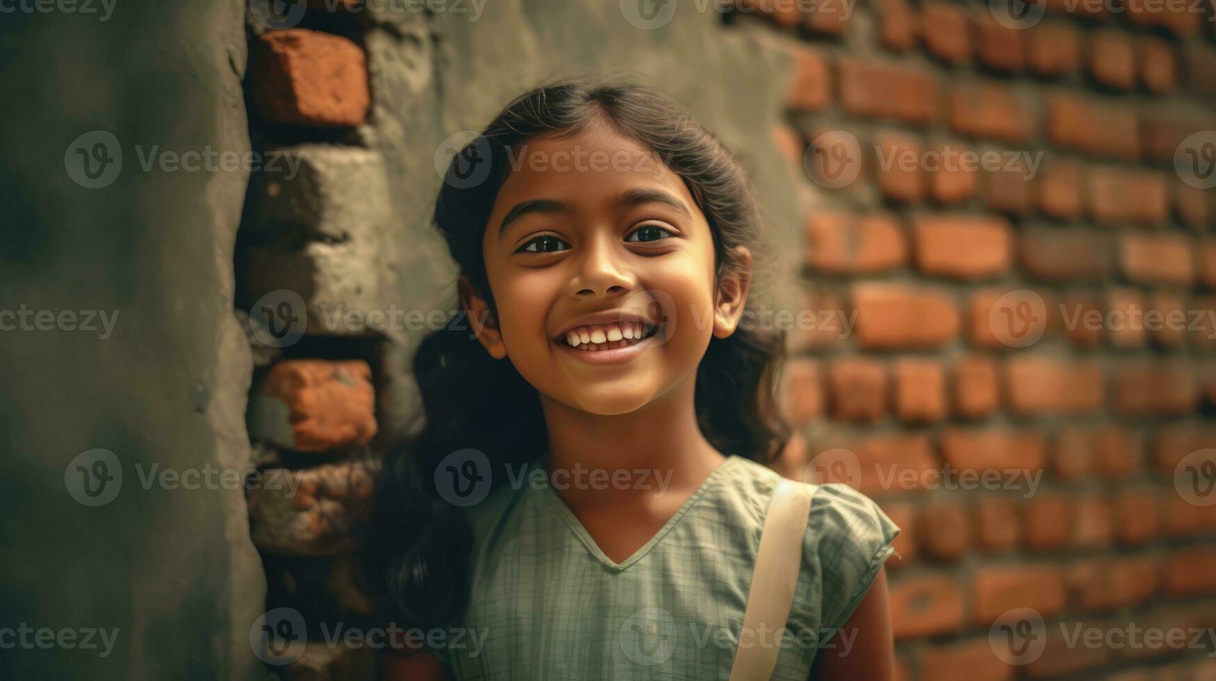 AI generated a young girl with dark hair standing in front of a brick wall, smiling brightly as her photo is taken. She appears to be in a sunny and cheerful mood, enjoying the moment captured in the picture.