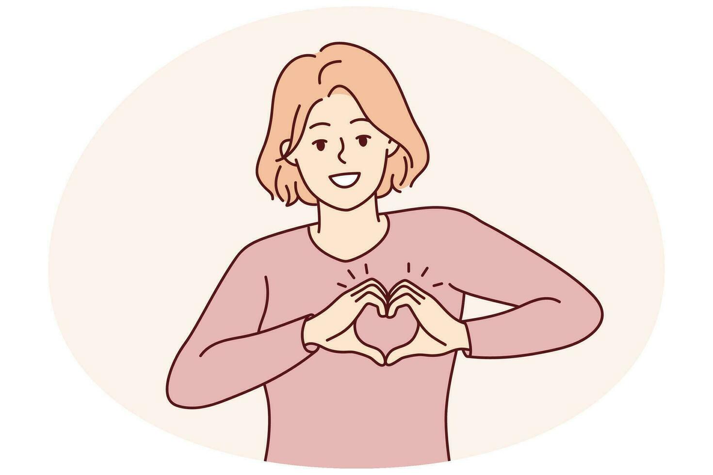 Smiling young woman show heart hand gesture at heart share care and affection. Happy girl demonstrate gratitude. Charity concept. Vector illustration.