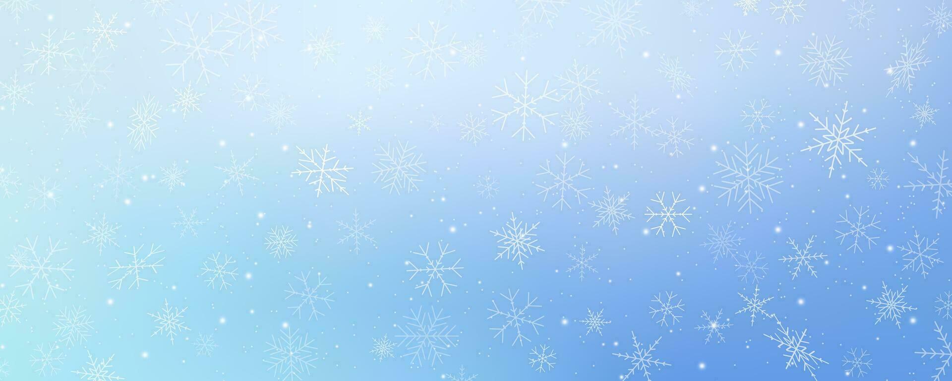 Christmas snowy background. Cold white blue winter sky. Vector ice blizzard on gradient texture with flakes. Festive new year theme for season sale wallpaper.