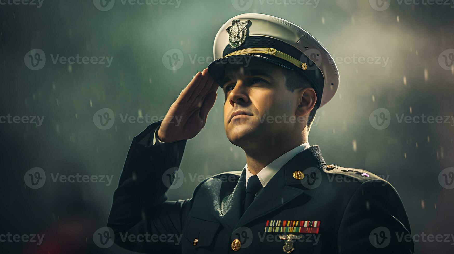 AI generated Young man in a military uniform in the rain photo