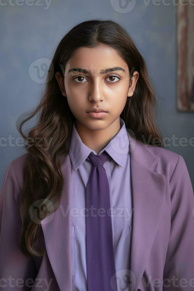 AI generated a young woman dressed in a suit and a tie, looking professional and well-groomed. She is wearing a jacket and has a serious look on her face, suggesting that she might be in a business or formal setting. photo