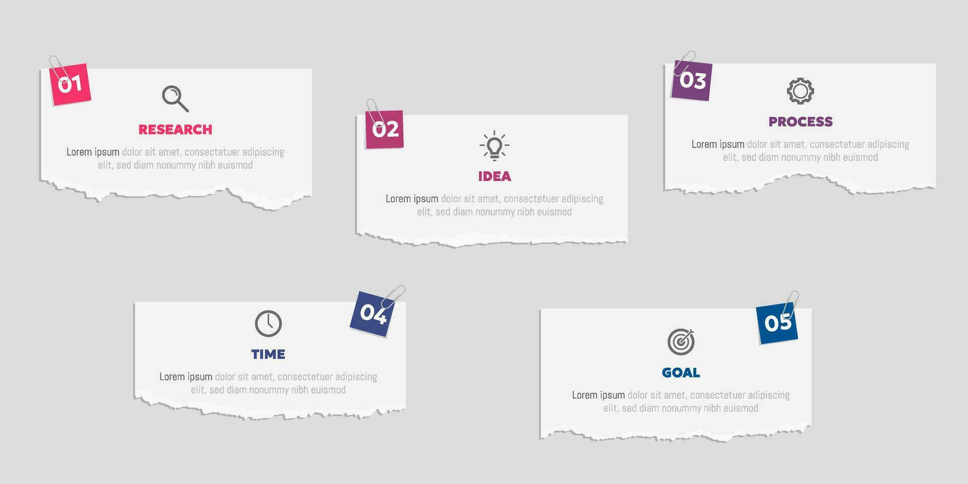 Vector illustration paper cut note infographic template with 5 options or step icons.