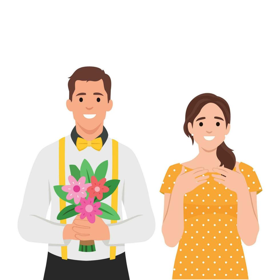 Romantic man holding flowers and happy woman delighted with gift bouquet from boyfriend. vector