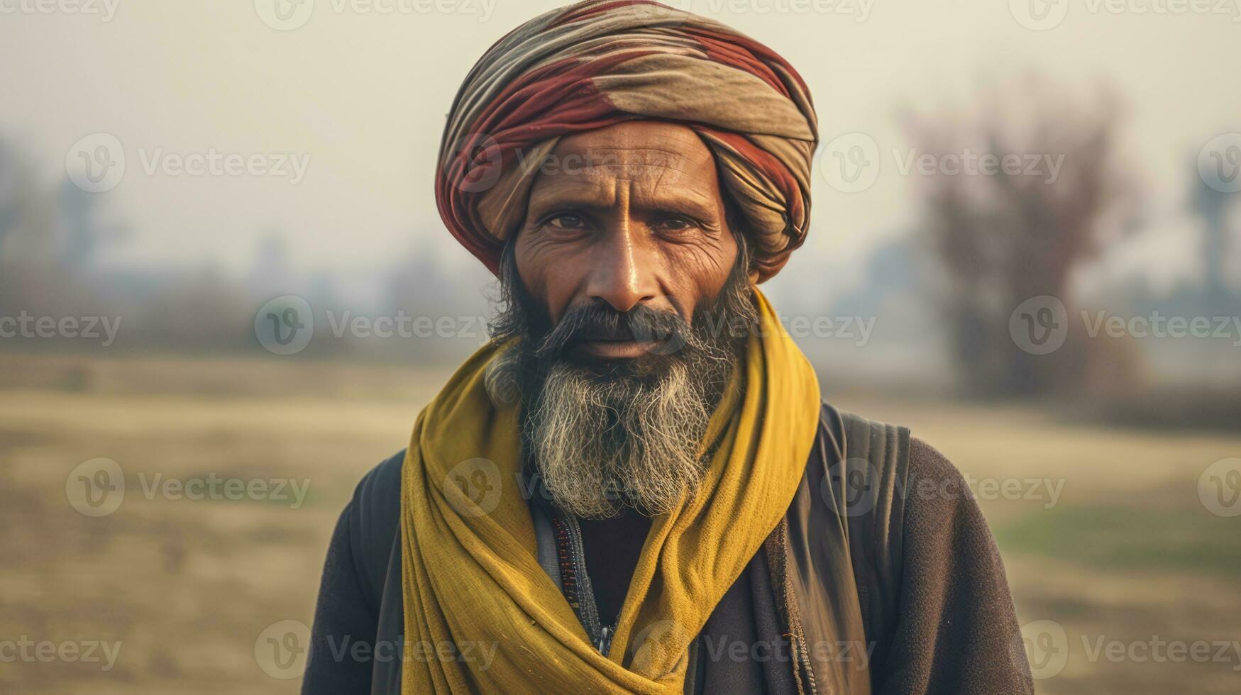AI generated a man with a beard and a turban, who is standing in a spacious and open field. He appears to be looking into the camera. The man's unique appearance and outfit, coupled with the vast, empty background, create a striking visual portrait. photo