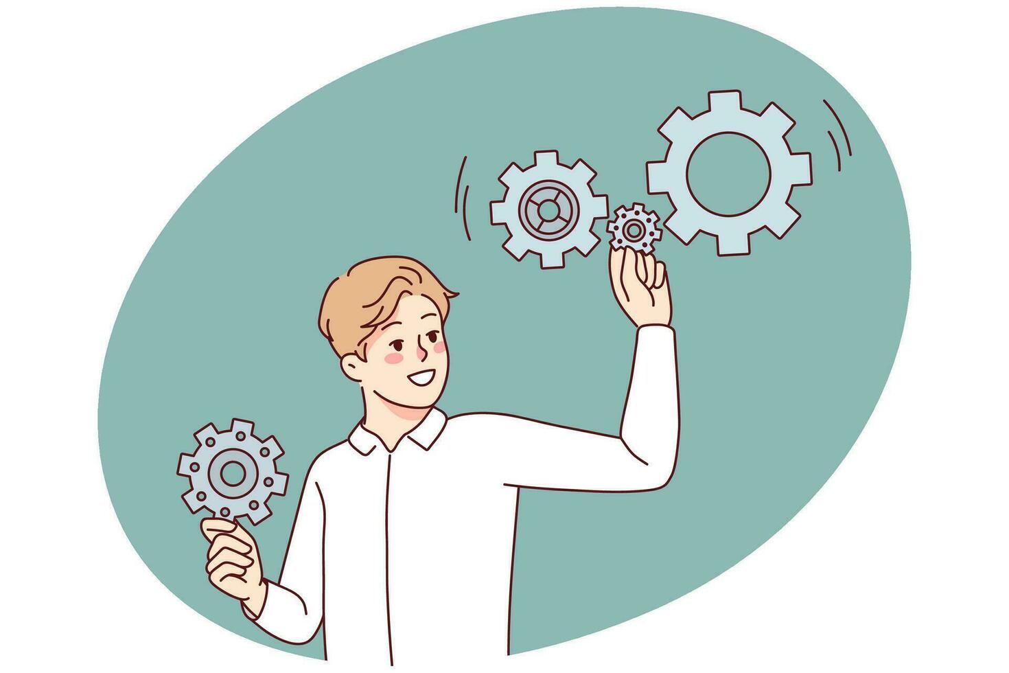 Man with gear mechanisms look for problem solution. Smiling businessman with gears brainstorm search for answer. Vector illustration.