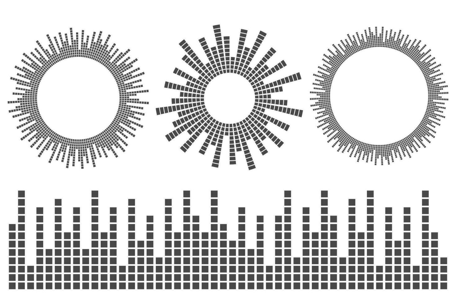 Circle sound wave. Audio music equalizer. Round circular icons set. Spectrum radial pattern and frequency line. Vector design