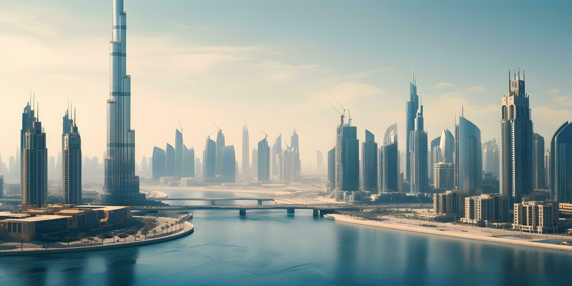 AI generated Dubai Marina with skyscrapers and blue sky photo